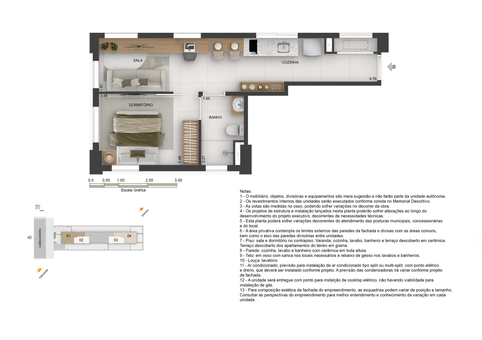 Planta do apartamento 904, 1 dormitório com 35,27 m² (desenho da unidade gêmea, espelhado)