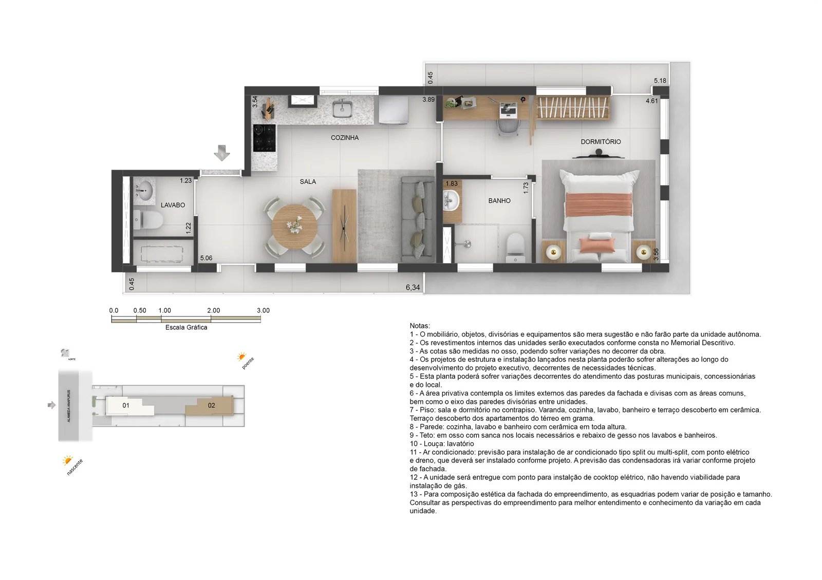 Planta do apartamento 1202, no 12º andar, 1 dormitório com 47,29 m² e lavabo