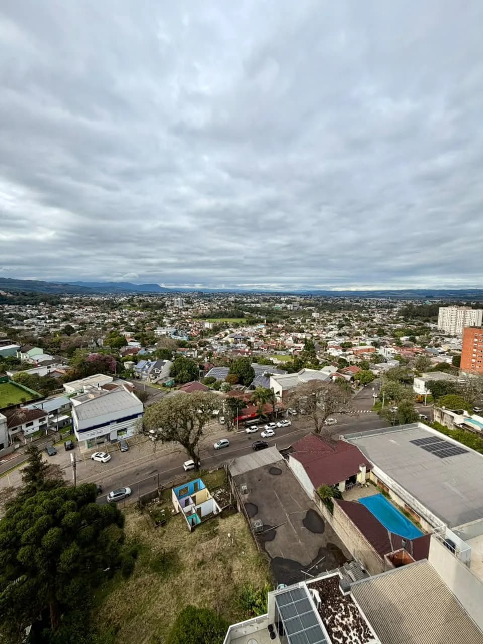 Vista do alto sobre bairros de casas, com avenida arborizada e morros no horizonte