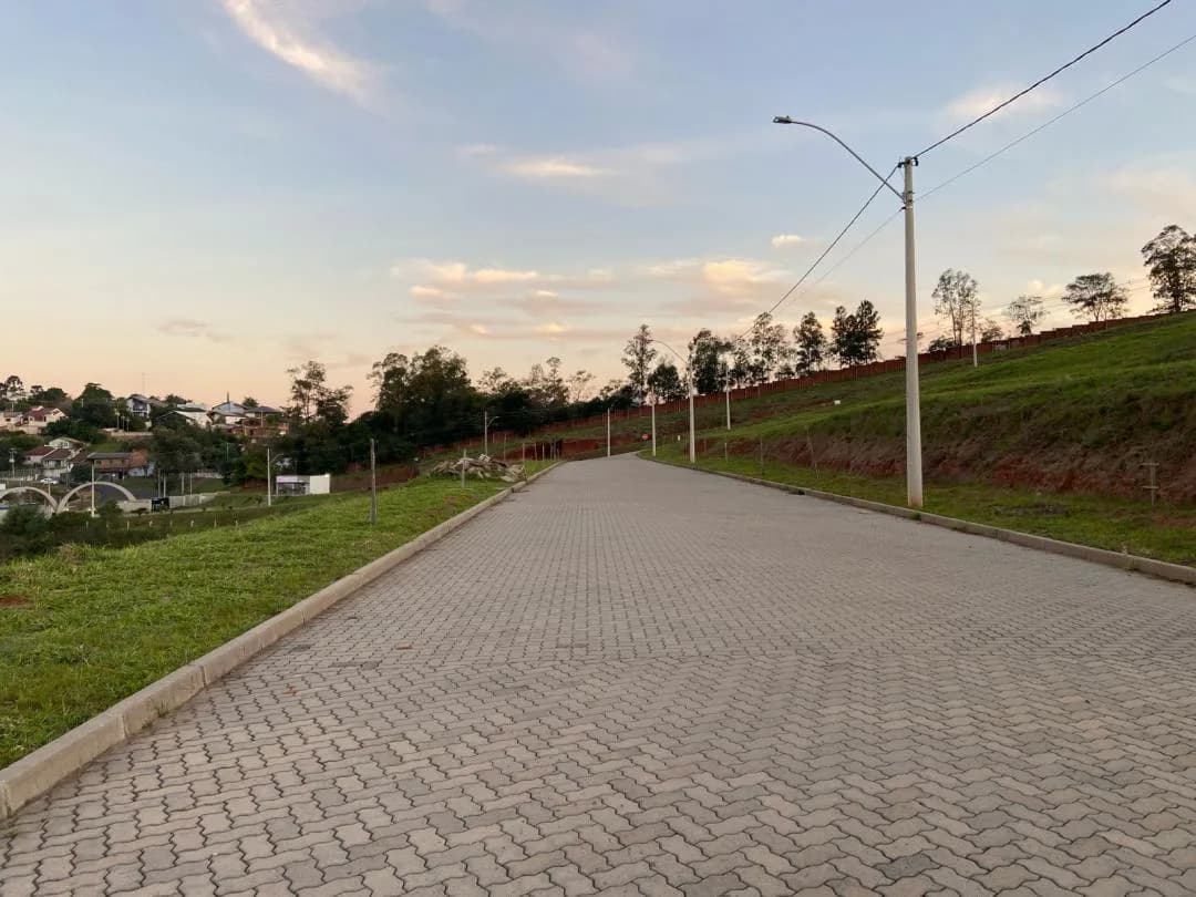 Rua de paver com meio-fio, gramado nos dois lados e postes de iluminação
