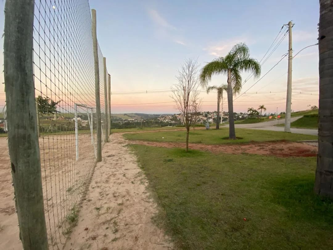 Lateral da quadra de areia cercada por rede, com gramado, palmeiras e rua ao fundo