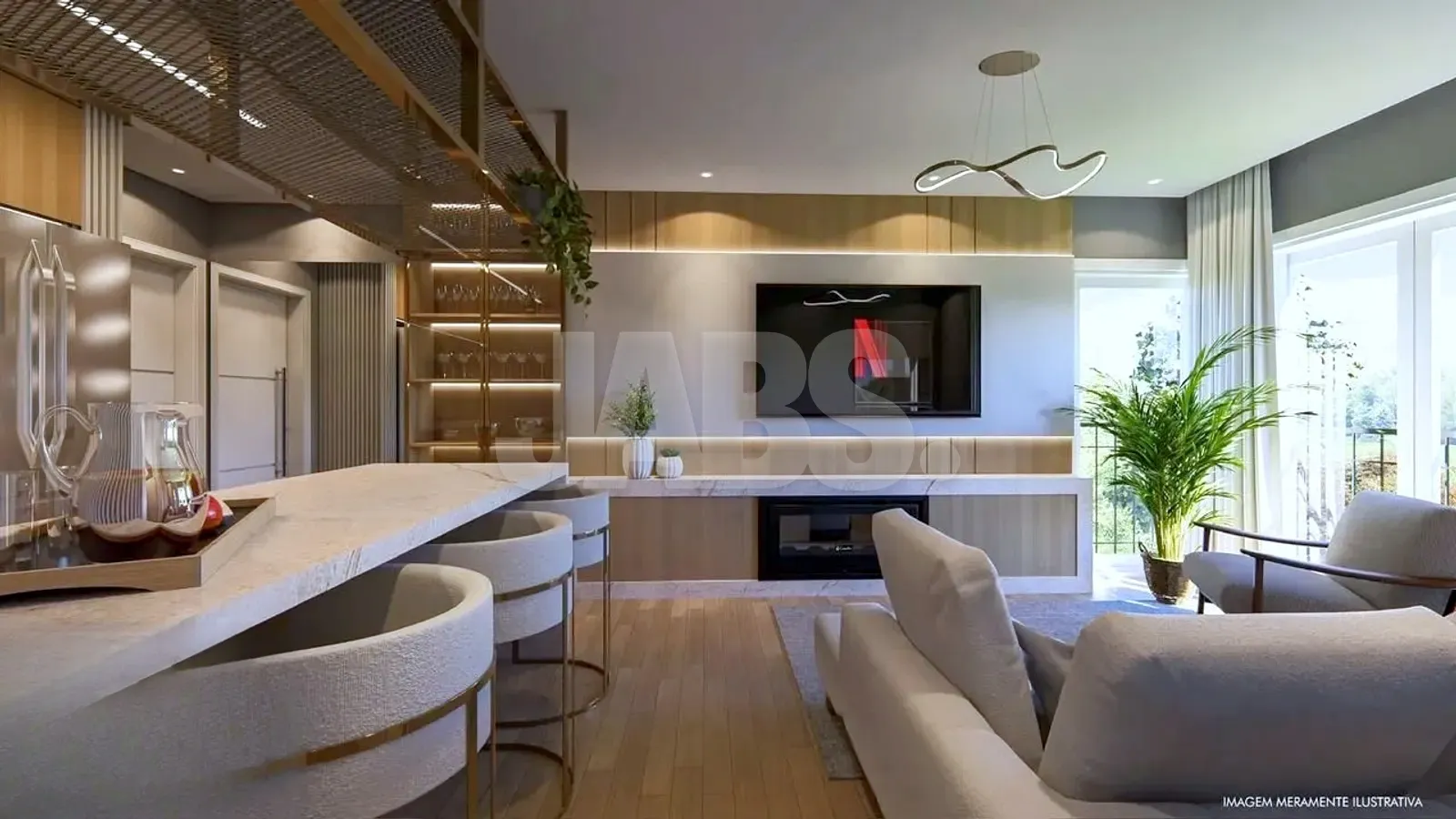 Living com bancada de cozinha, banquetas, sofá cinza e painel de TV em madeira
