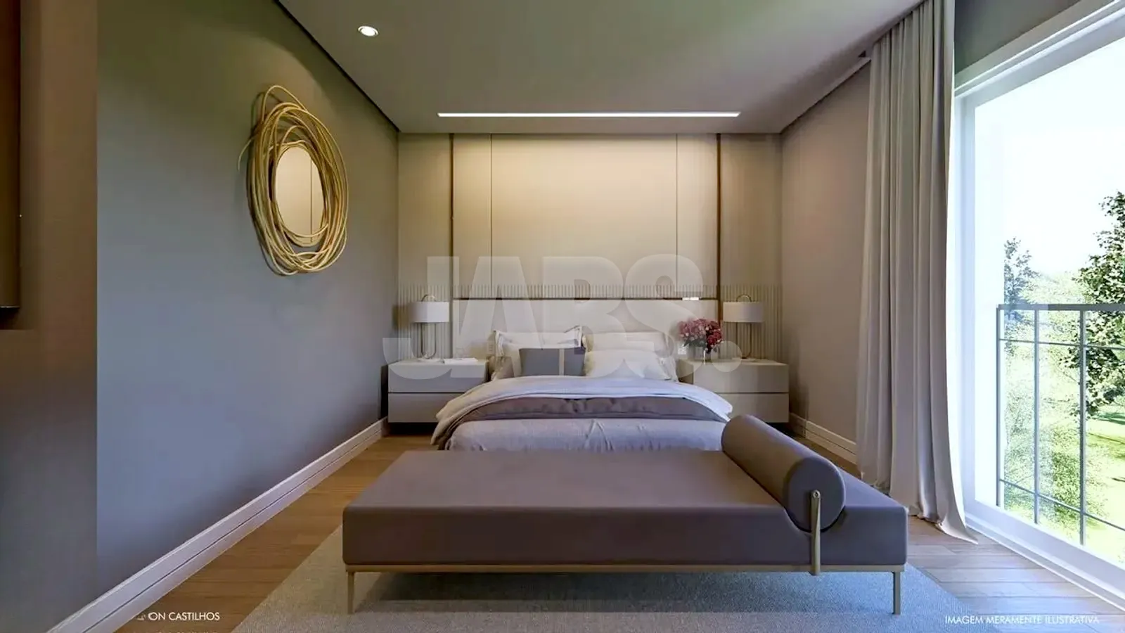 Dormitório com cama de casal, recamier e janela ampla para o verde