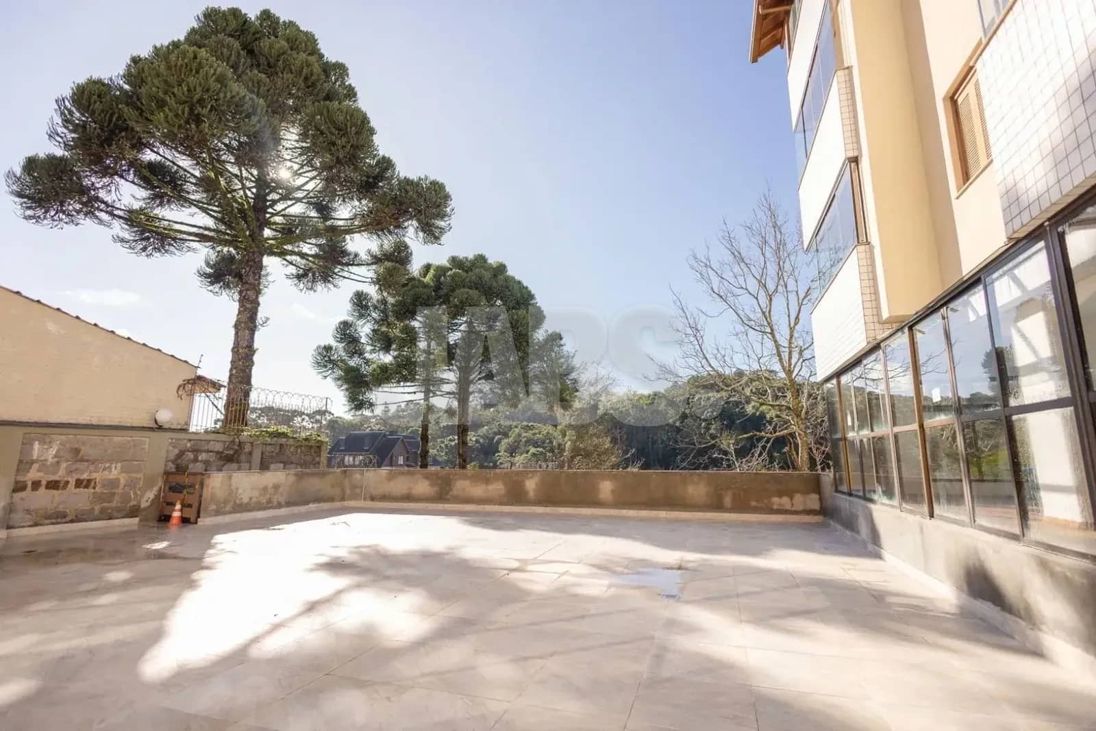 Terraço do prédio com araucárias e vista para o verde