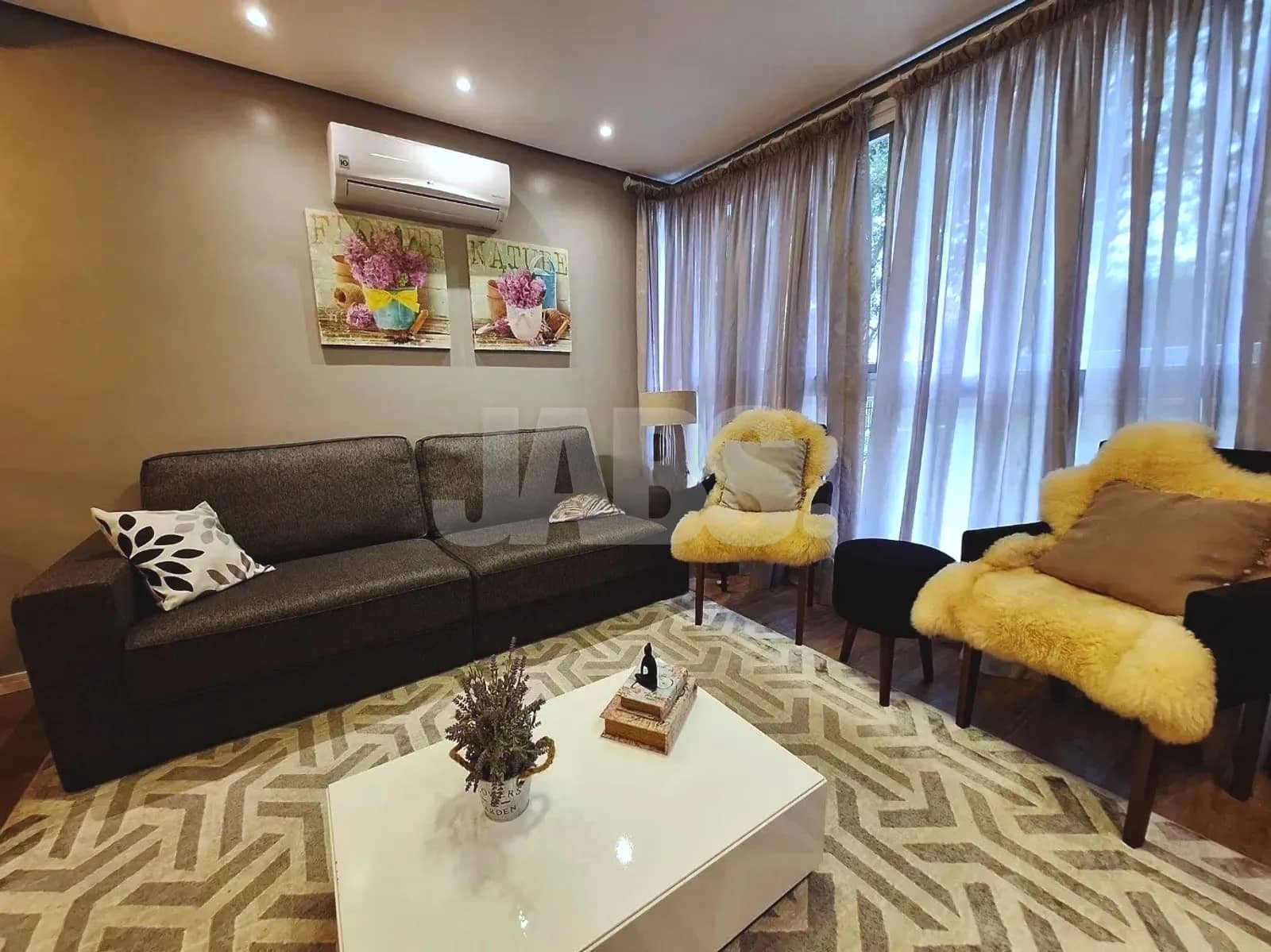 Estar com tapete e cortinas