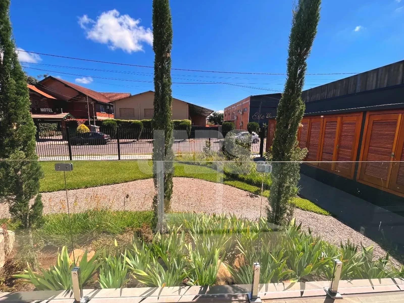 Jardim do prédio com ciprestes