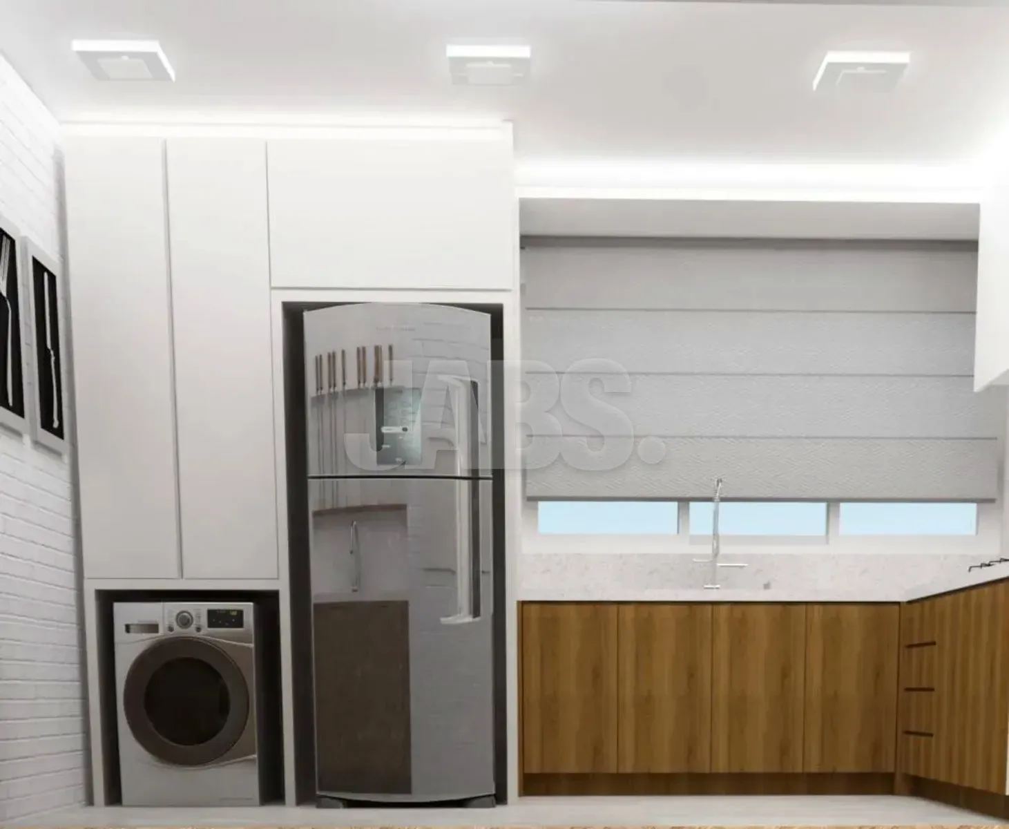 Cozinha com geladeira inox, lavadora embutida e armários brancos