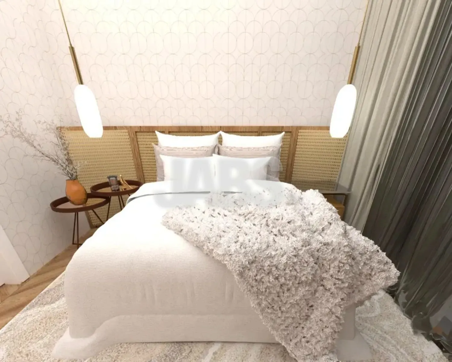 Suíte com cama de casal, cabeceira de palha, pendentes e cortinas