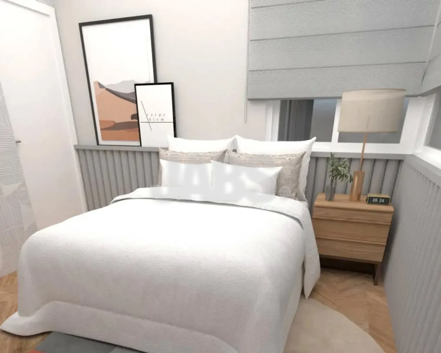 Segundo dormitório com cama de casal, quadros e abajur