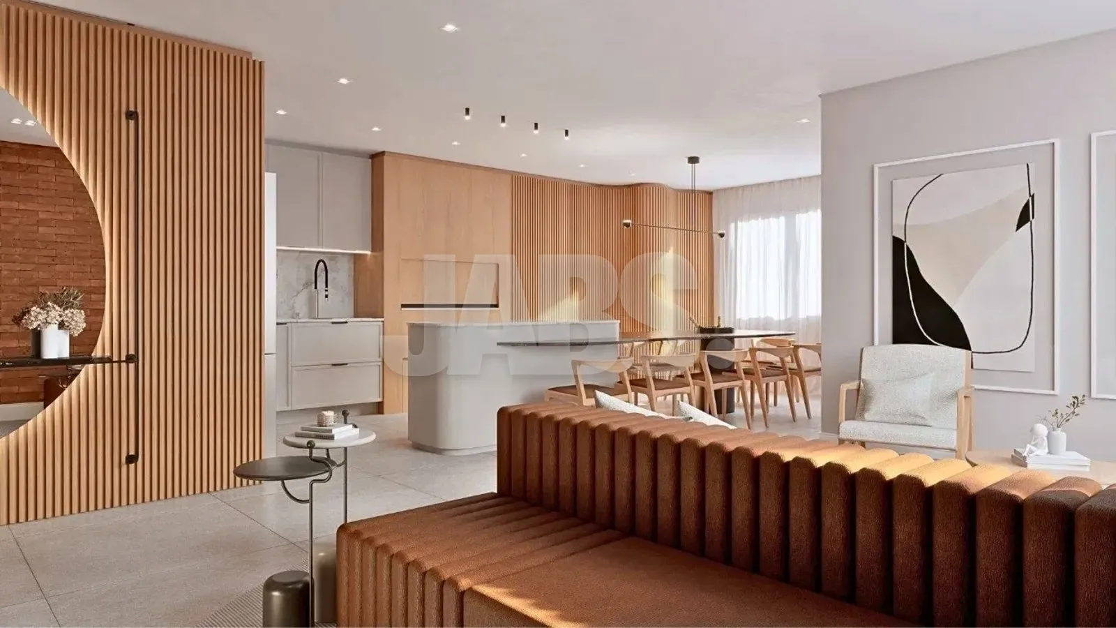 Sala integrada à cozinha com sofá curvo, painel ripado de madeira e quadro abstrato