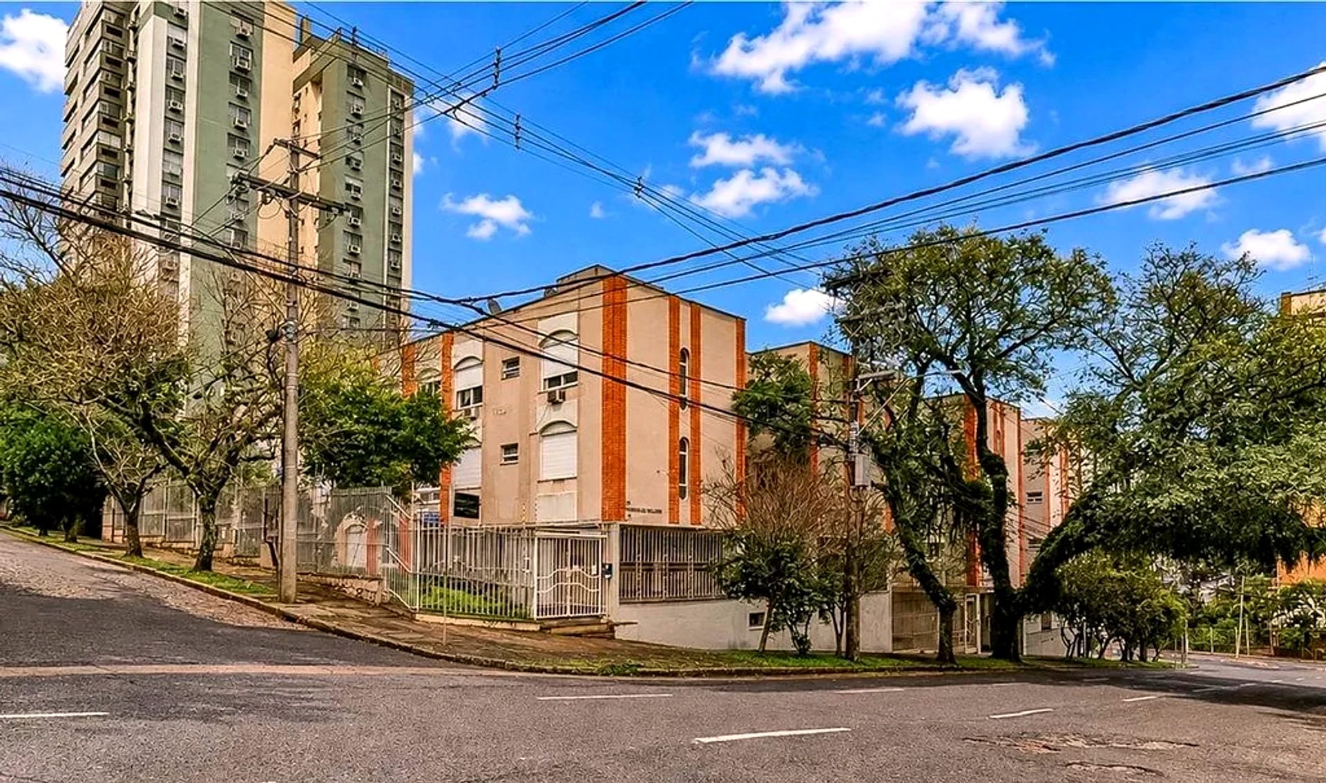 Rua arborizada em frente ao prédio