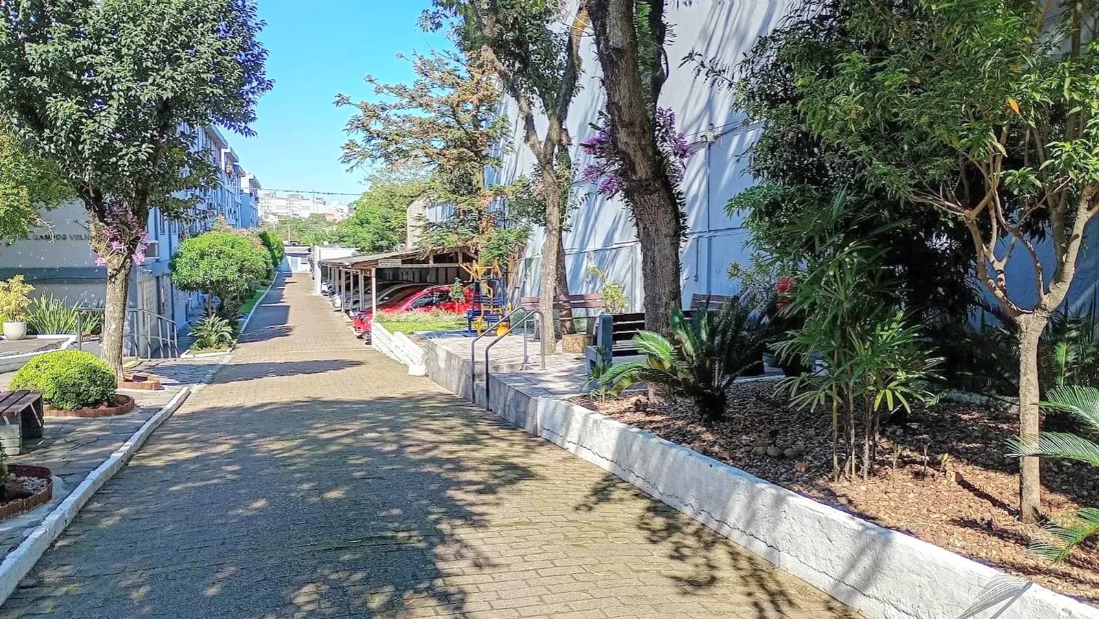 Alameda do condomínio com jardins