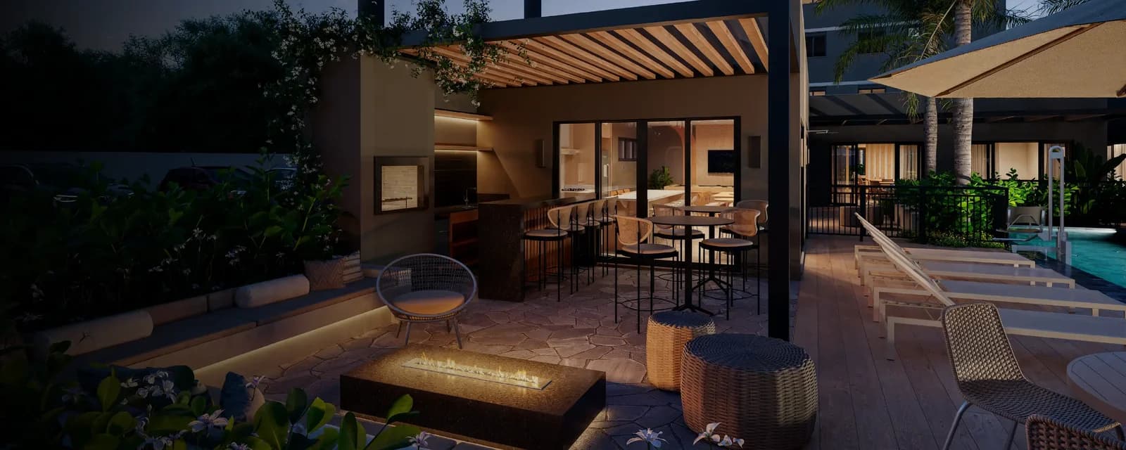 Render da área comum do LINQ Your Place, com piscina, deck e espaço gourmet.