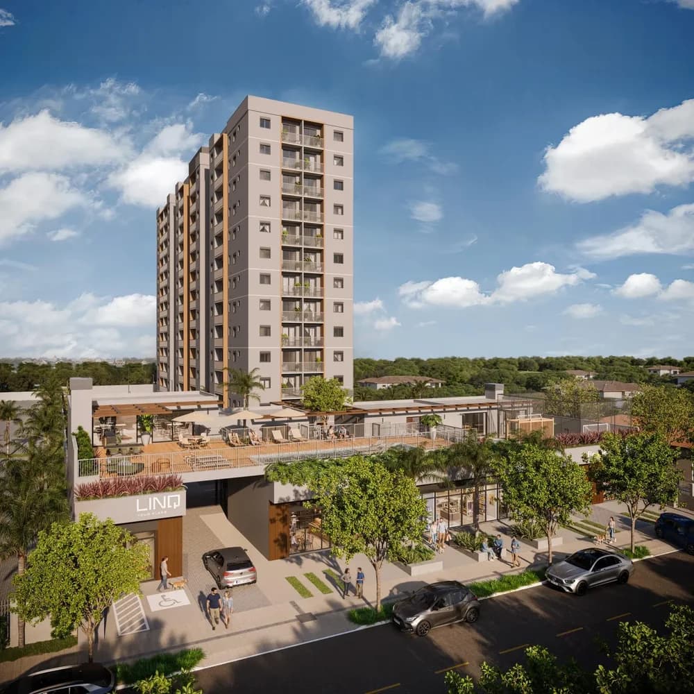 Render da fachada do LINQ Your Place, torre única de 13 andares no Igara, Canoas.