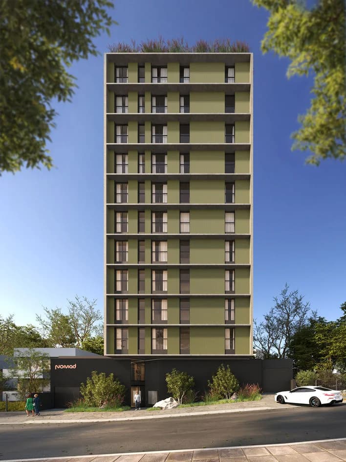 Render da fachada do Nomad, torre única em Marechal Rondon, Canoas.
