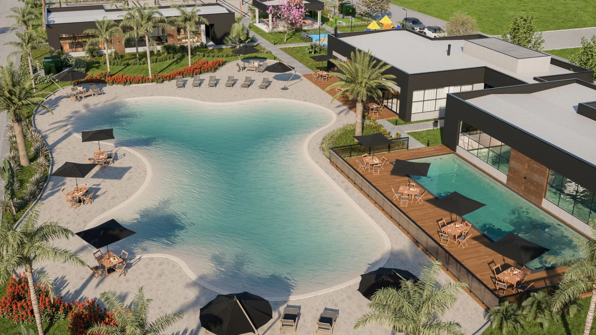 Render aéreo da prainha artificial do Essence Condomínio Clube, com deck, piscinas e área de convivência, em Canoas.