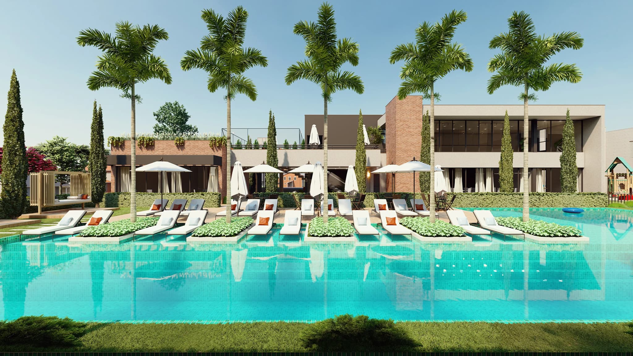 Render da piscina e área de beach pool do Halo Place Life, no Igara, Canoas.