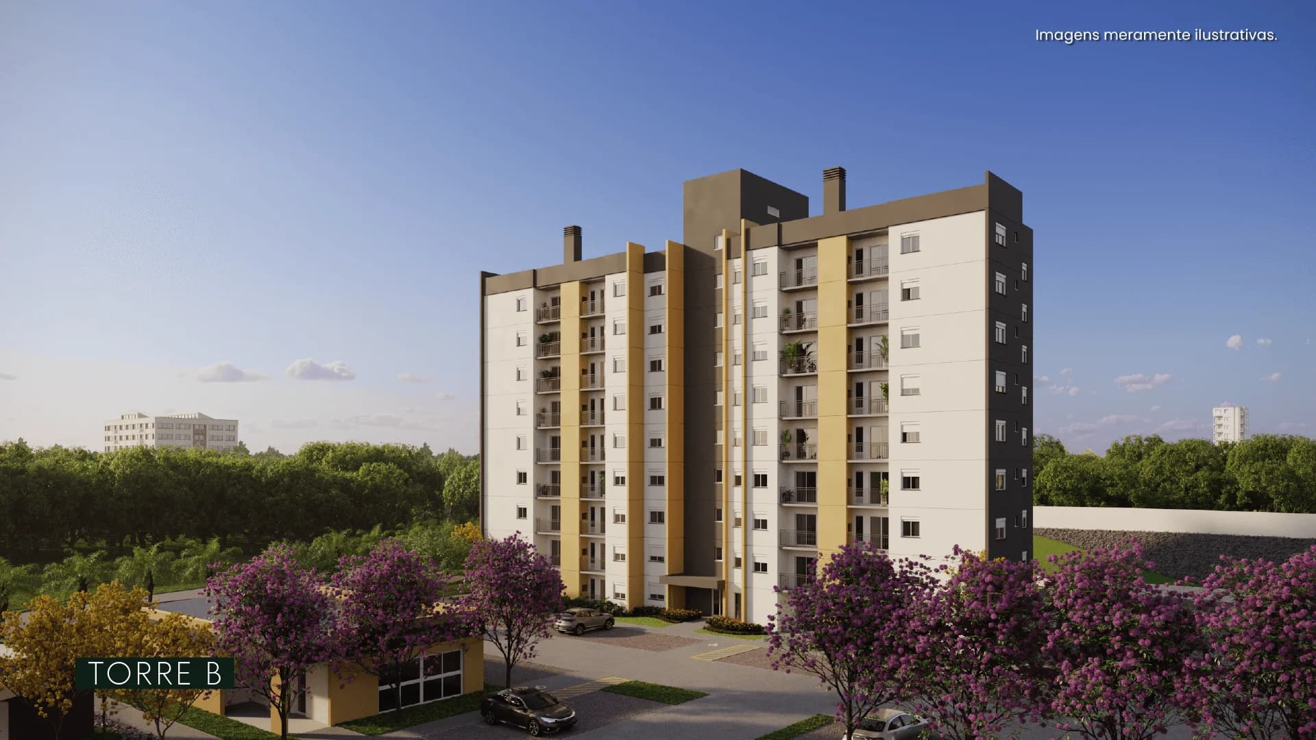 Render da fachada da Torre B do Ora Residencial, no Igara, Canoas.