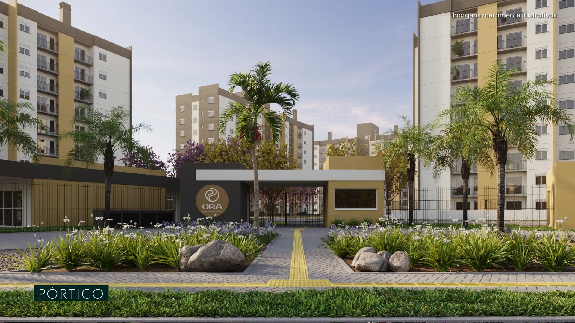 Render do pórtico de entrada do Ora Residencial, com as torres do condomínio ao fundo.