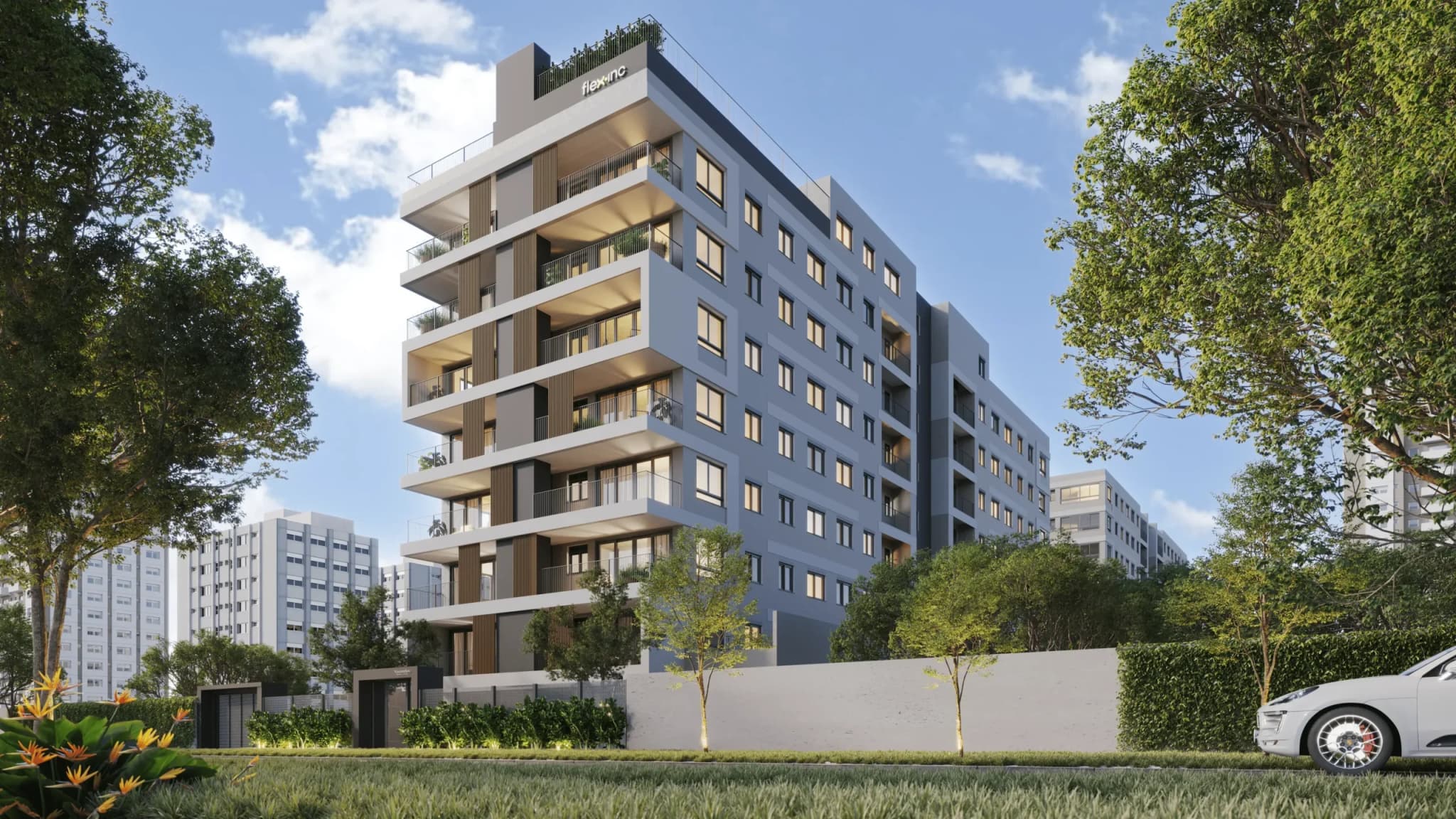 Render da fachada do Varandas Trend Living, em Nossa Senhora das Graças, Canoas.
