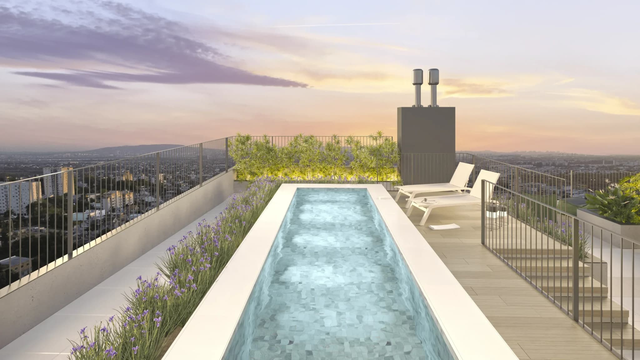 Render do rooftop com piscina do Varandas Trend Living, ao entardecer.