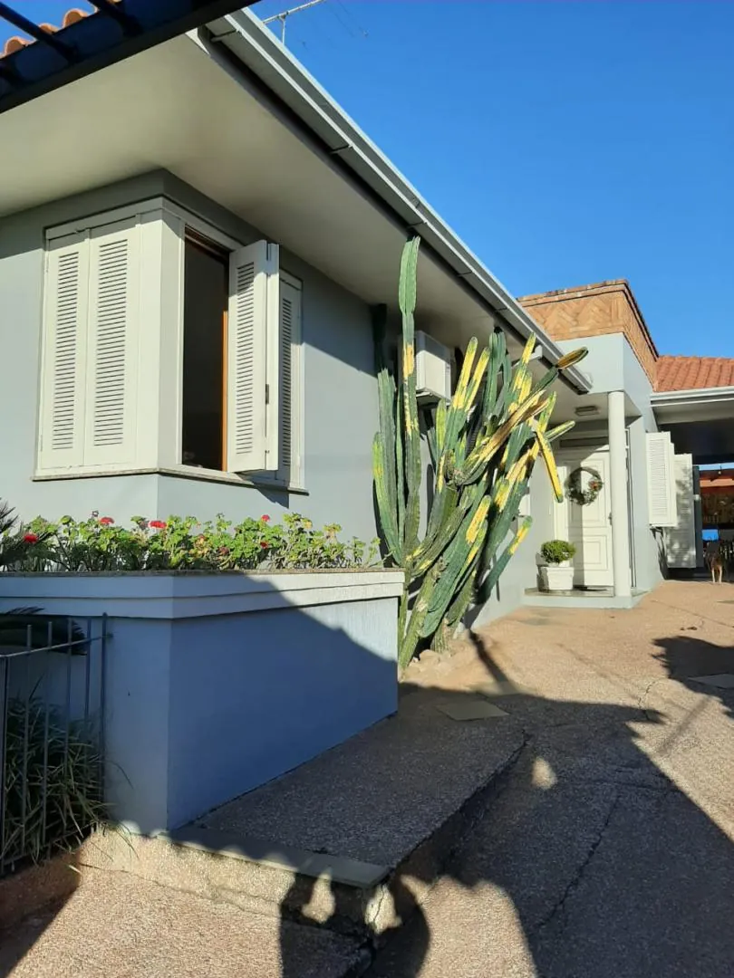 Lateral da casa, com jardineira e acesso ao pátio.