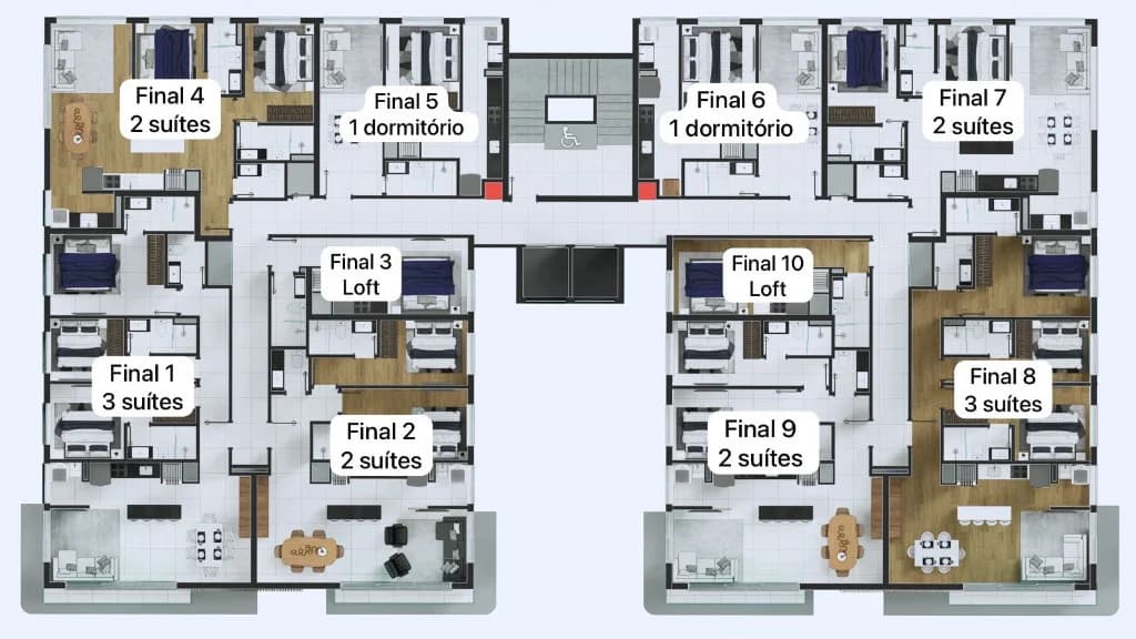 Diagrama do andar tipo, com as quatro tipologias e o final de cada unidade.