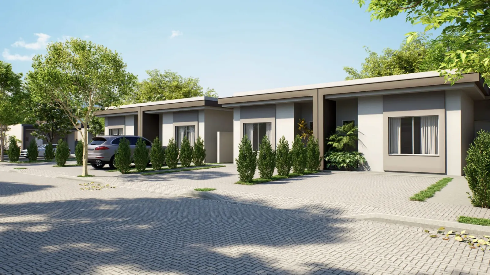 Projeto de outro modelo de casa do bairro, em sequência de fachadas com jardim.