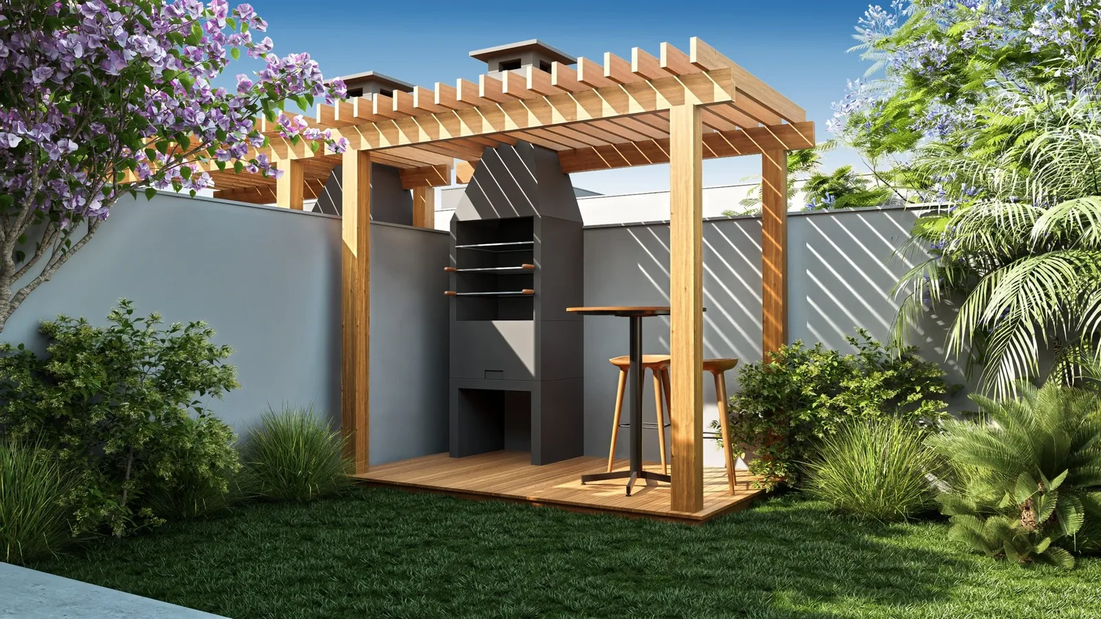 Projeto do pátio dos fundos, com pérgola de madeira e churrasqueira.