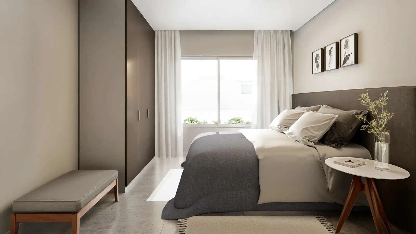 Projeto da suíte mobiliada, com cama de casal, armário e janela ampla.