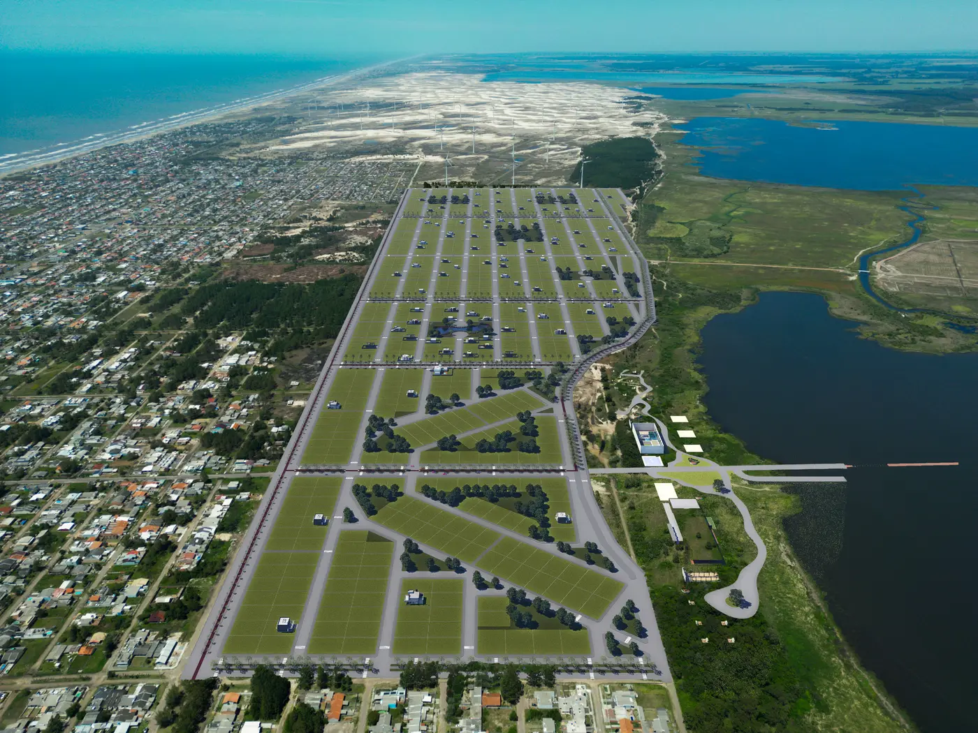 O projeto completo do bairro visto de cima, entre a lagoa e o mar (imagem ilustrativa)