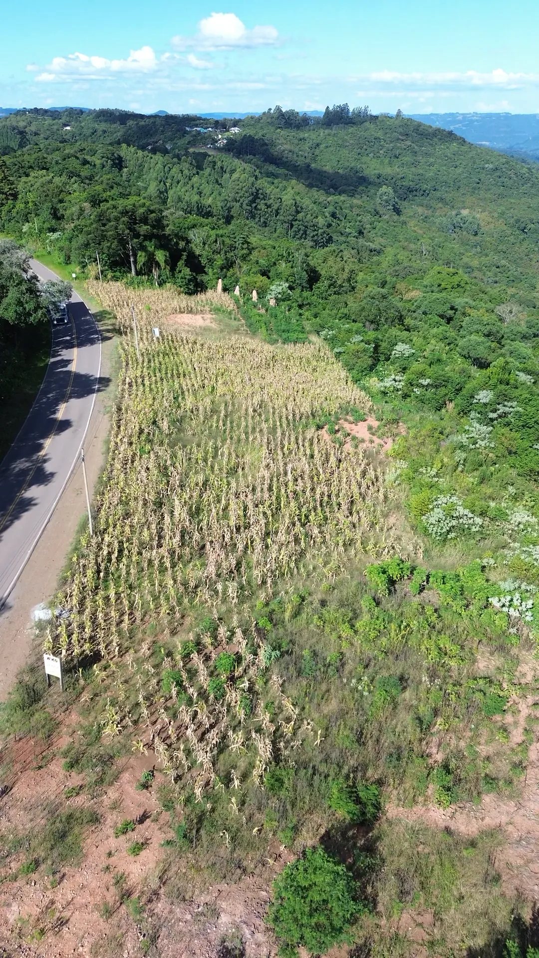 Vista aérea do terreno, ao lado da estrada, com a mata e os morros ao fundo.
