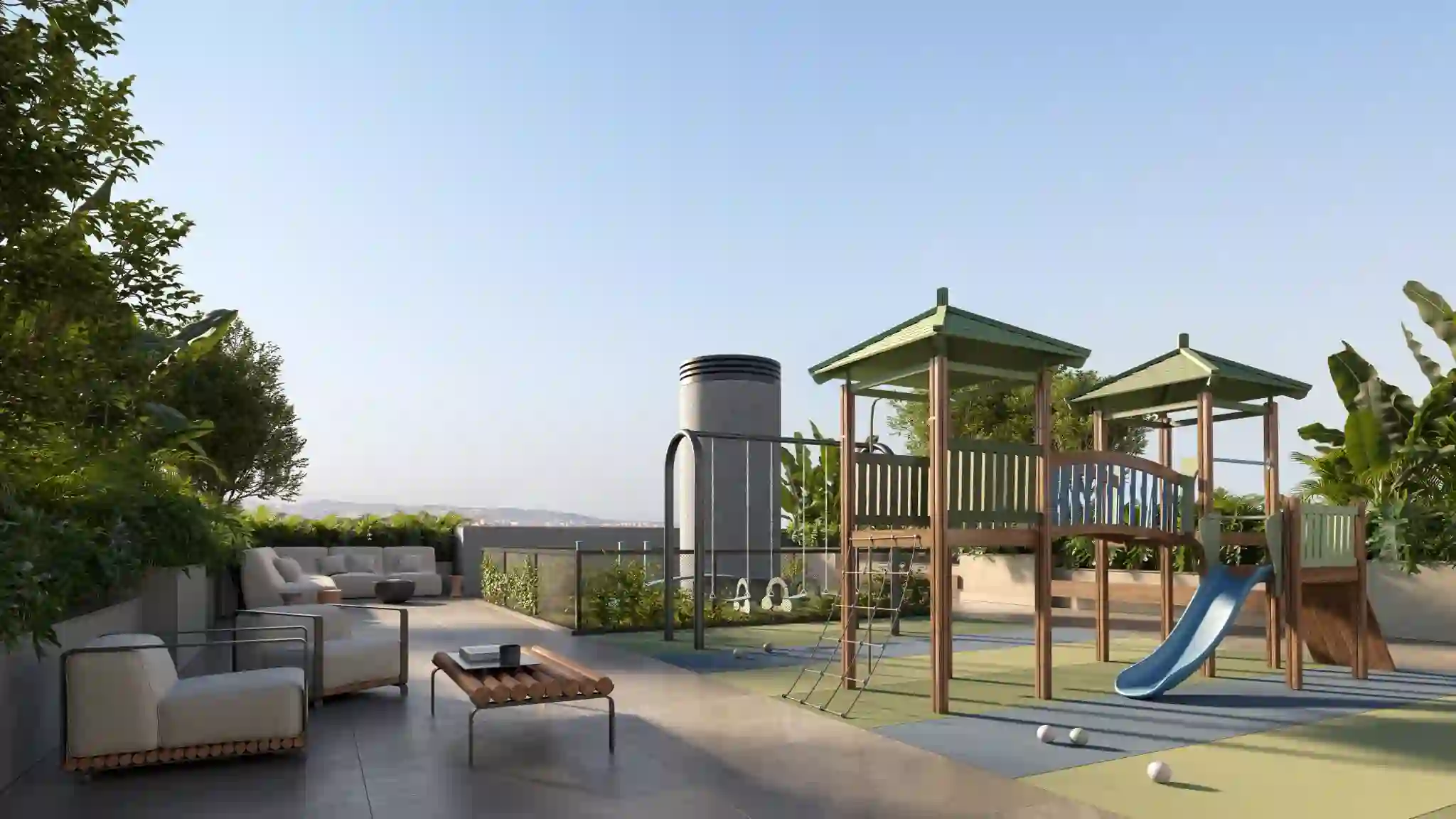 Rooftop garden com playground e pet place, entre plantas e o horizonte da cidade.