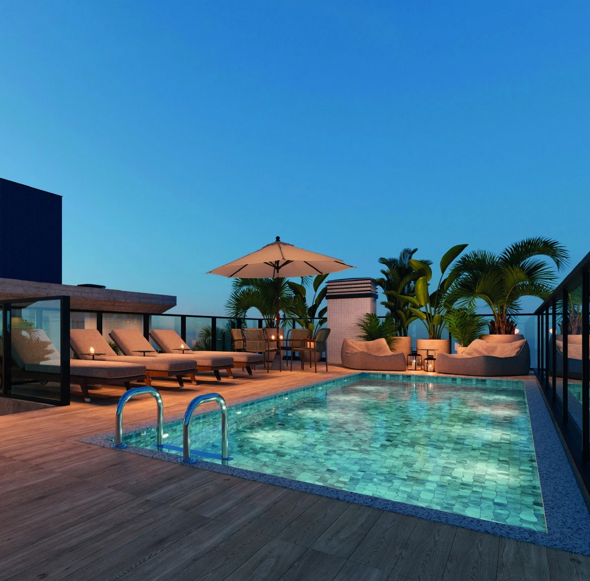 Terraço com piscina aquecida no rooftop ao entardecer (imagem ilustrativa do projeto)