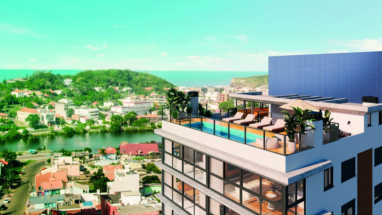 Rooftop do prédio com vista para a lagoa e o mar (imagem ilustrativa do projeto)