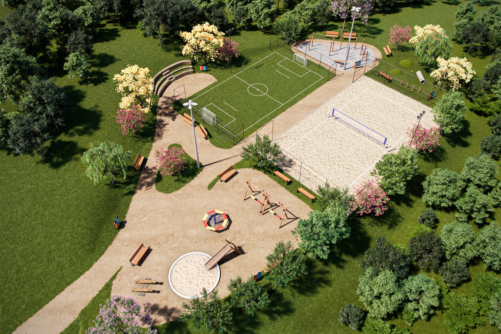 Praça central vista de cima, com playground, futebol, beach tênis e espaço pet (imagem ilustrativa do projeto)