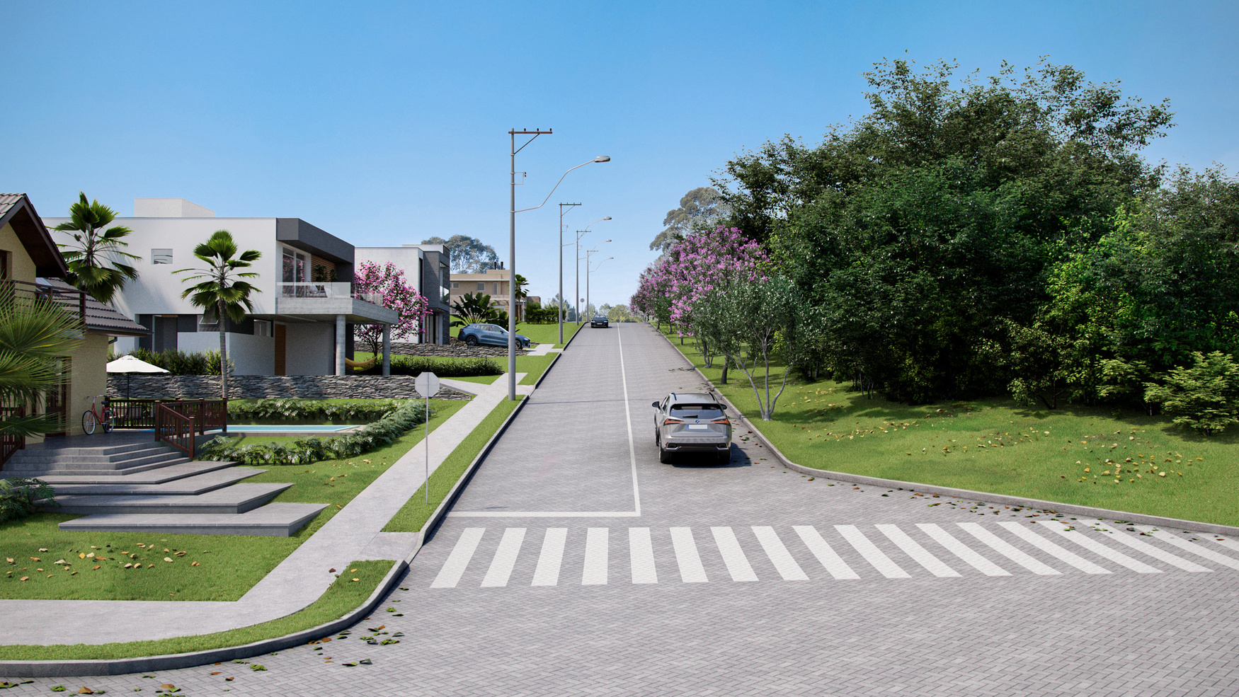 Rua do loteamento com faixa de pedestres e casas dos dois lados (imagem ilustrativa do projeto)