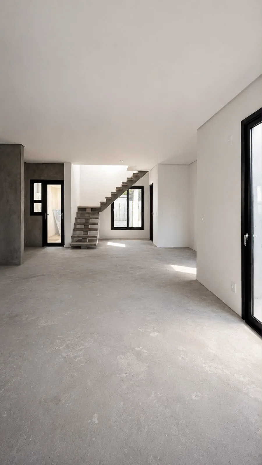 Sala ainda sem acabamento, com escada de concreto ao fundo.