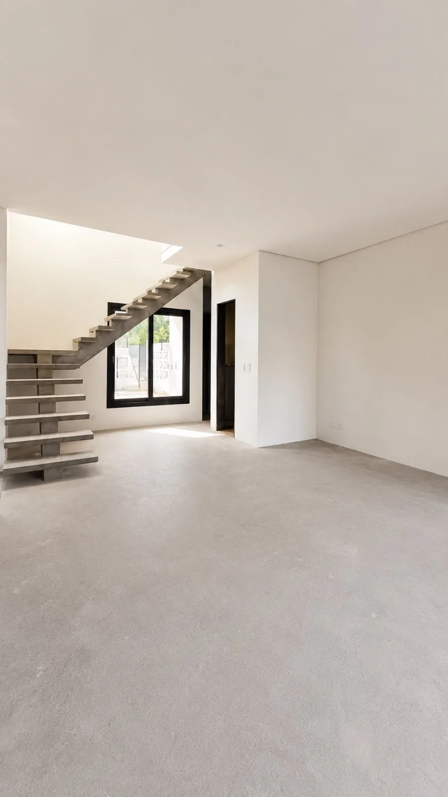 Sala sem acabamento, com escada de concreto em balanço.