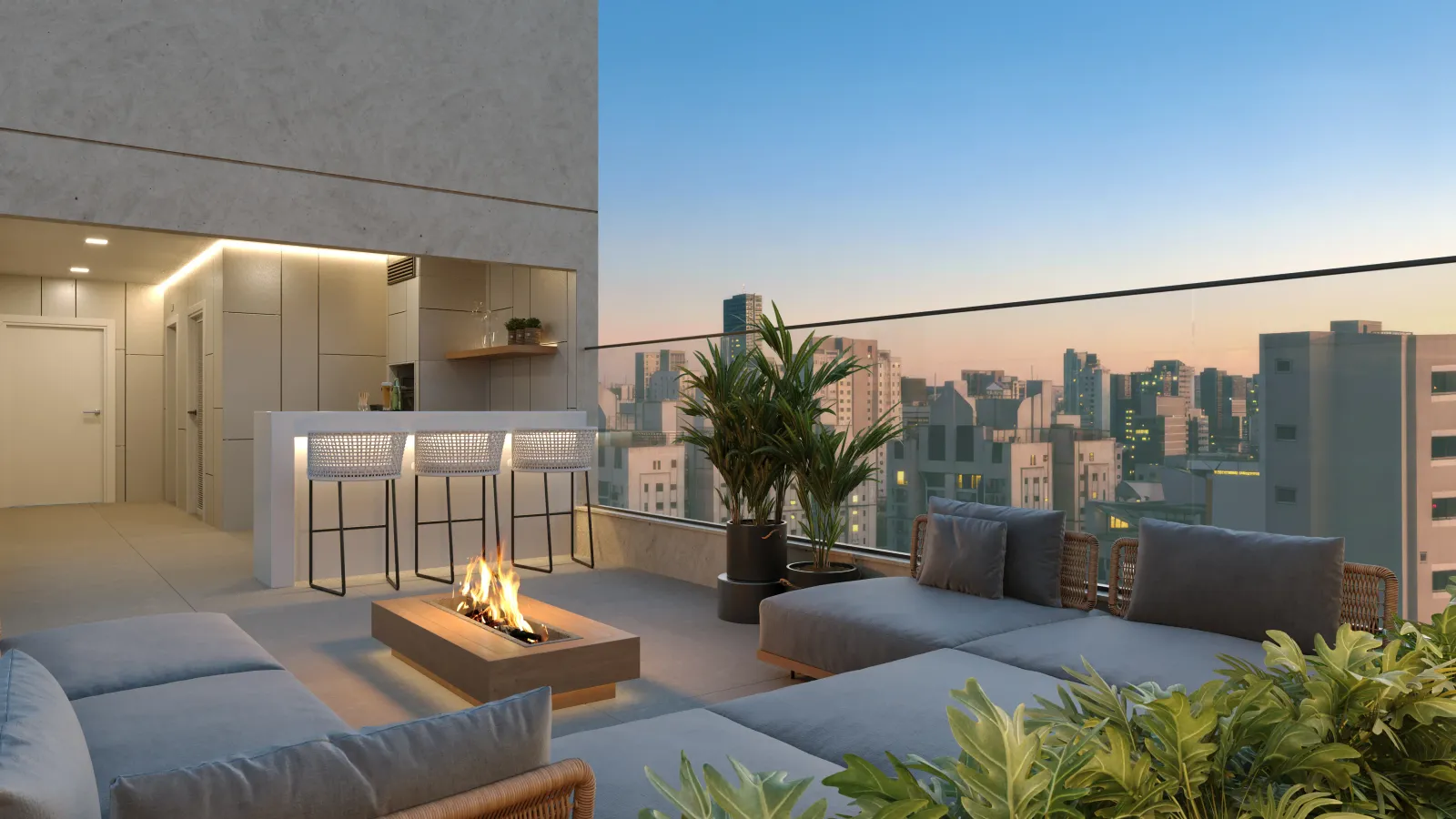 Rooftop com lareira, lounge e vista da cidade