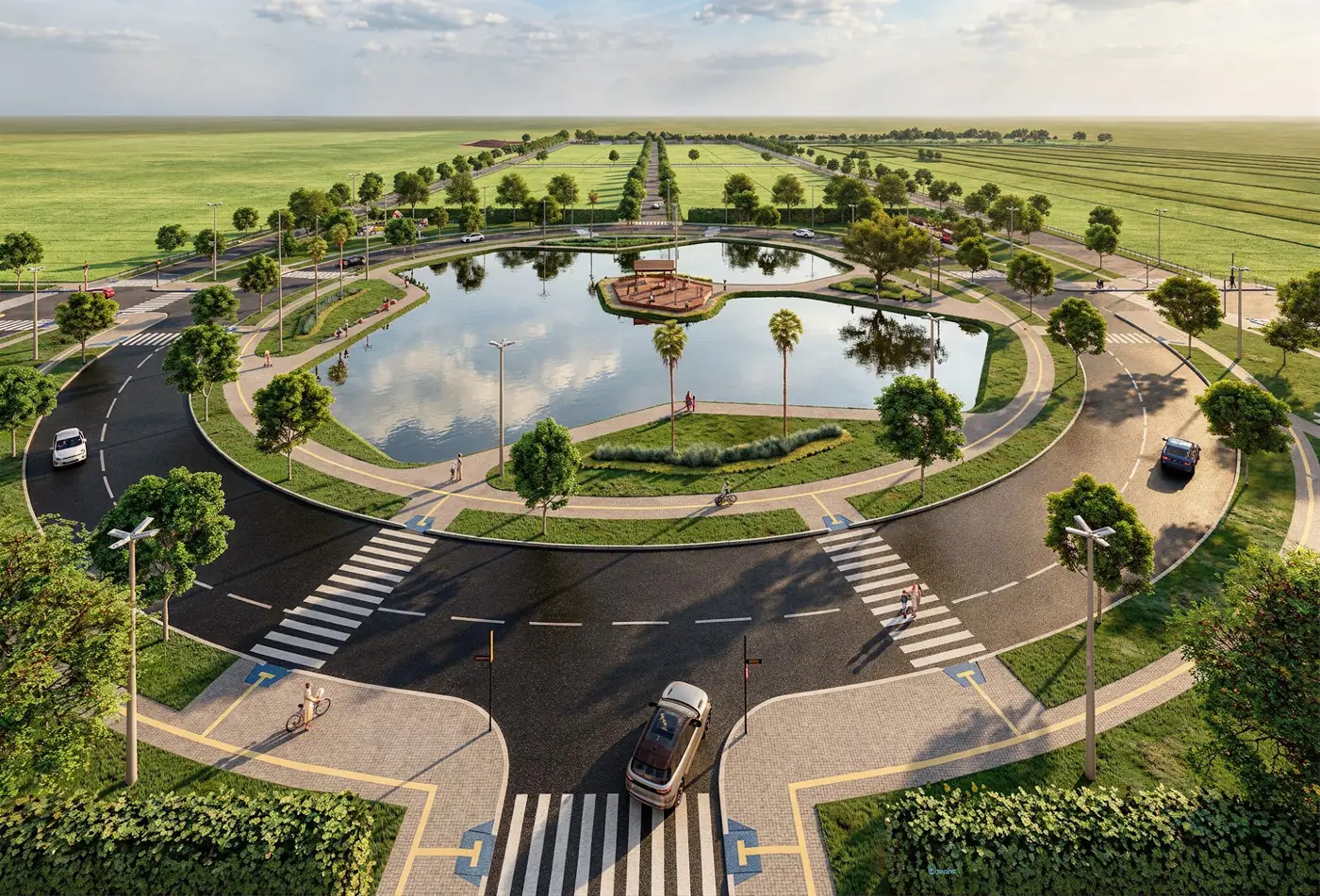 Vista aérea do lago ornamental e da rótula de entrada do Verbena Cassino (imagem ilustrativa do projeto)
